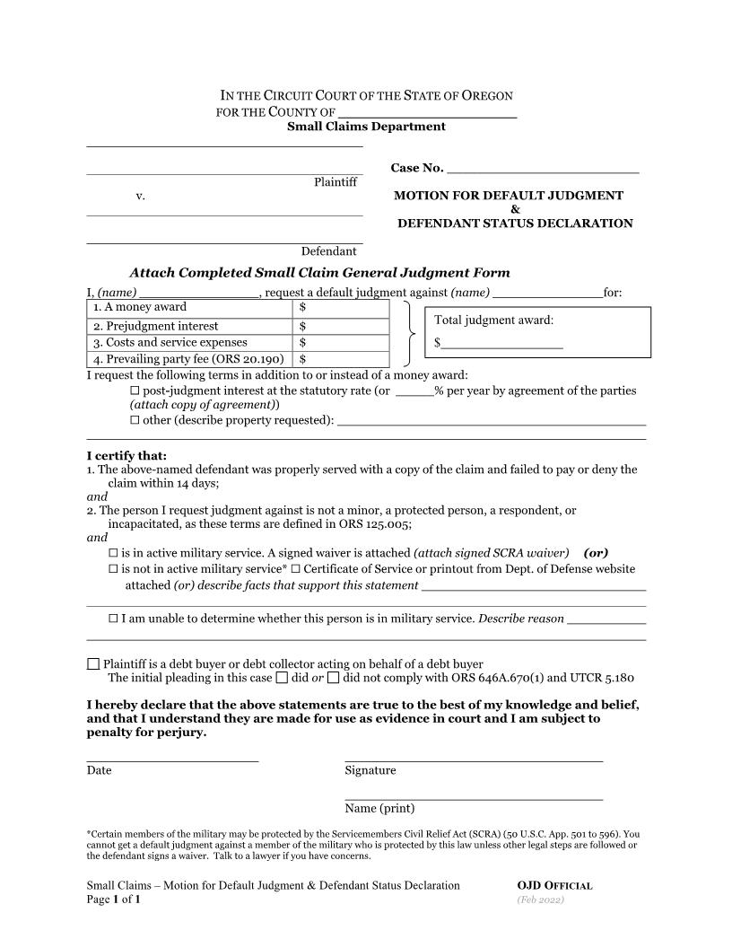Small Claims Motion For Default Judgment | Pdf Fpdf Docx | Oregon
