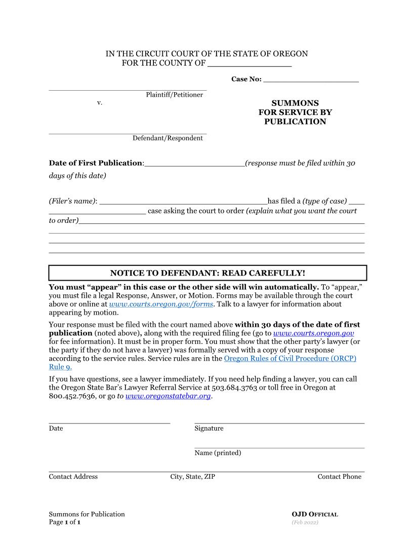 Summons For Service By Publication | Pdf Fpdf Docx | Oregon