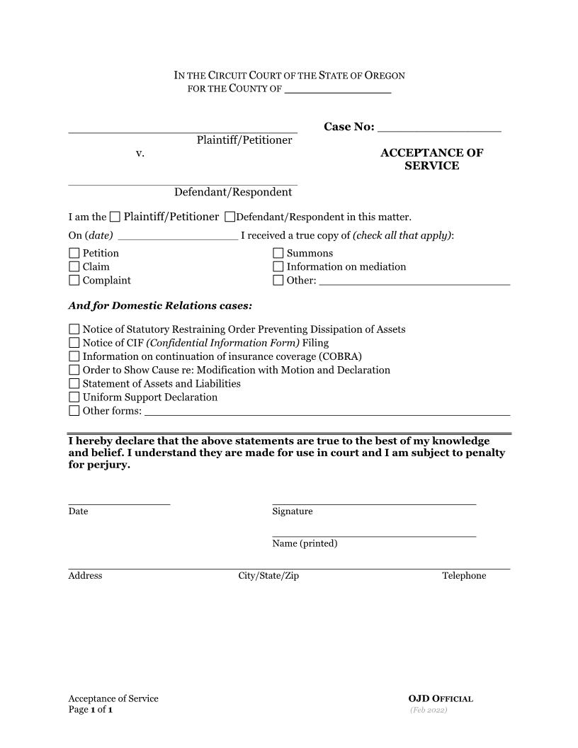 Acceptance Of Service | Pdf Fpdf Docx | Oregon