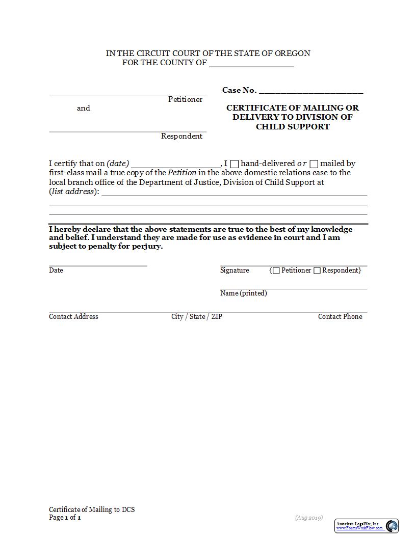 Certificate Of Mailing To Division Of Child Support | Pdf Fpdf Docx | Oregon