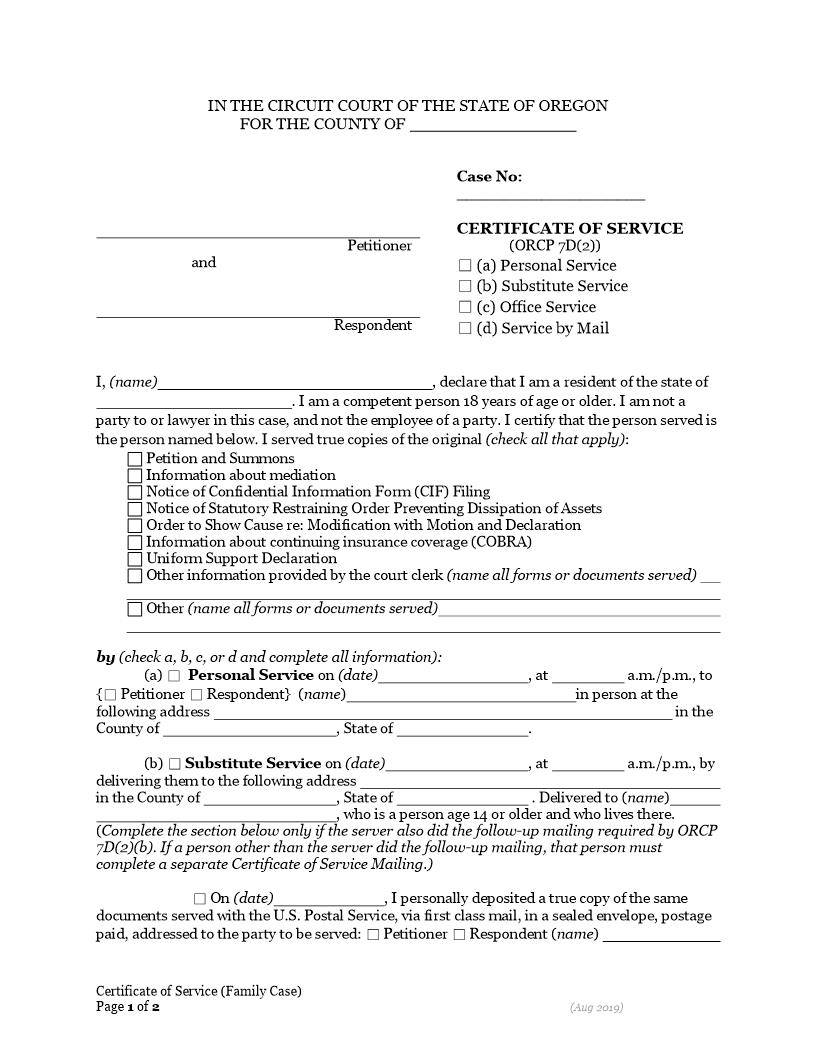 Certificate Of Service | Pdf Fpdf Docx | Oregon