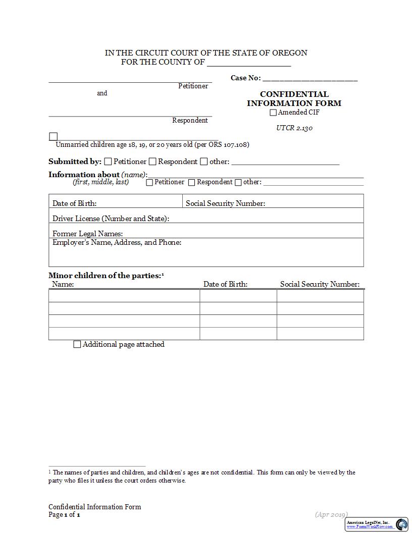 Confidential Information Form {2.130.1} | Pdf Fpdf Docx | Oregon