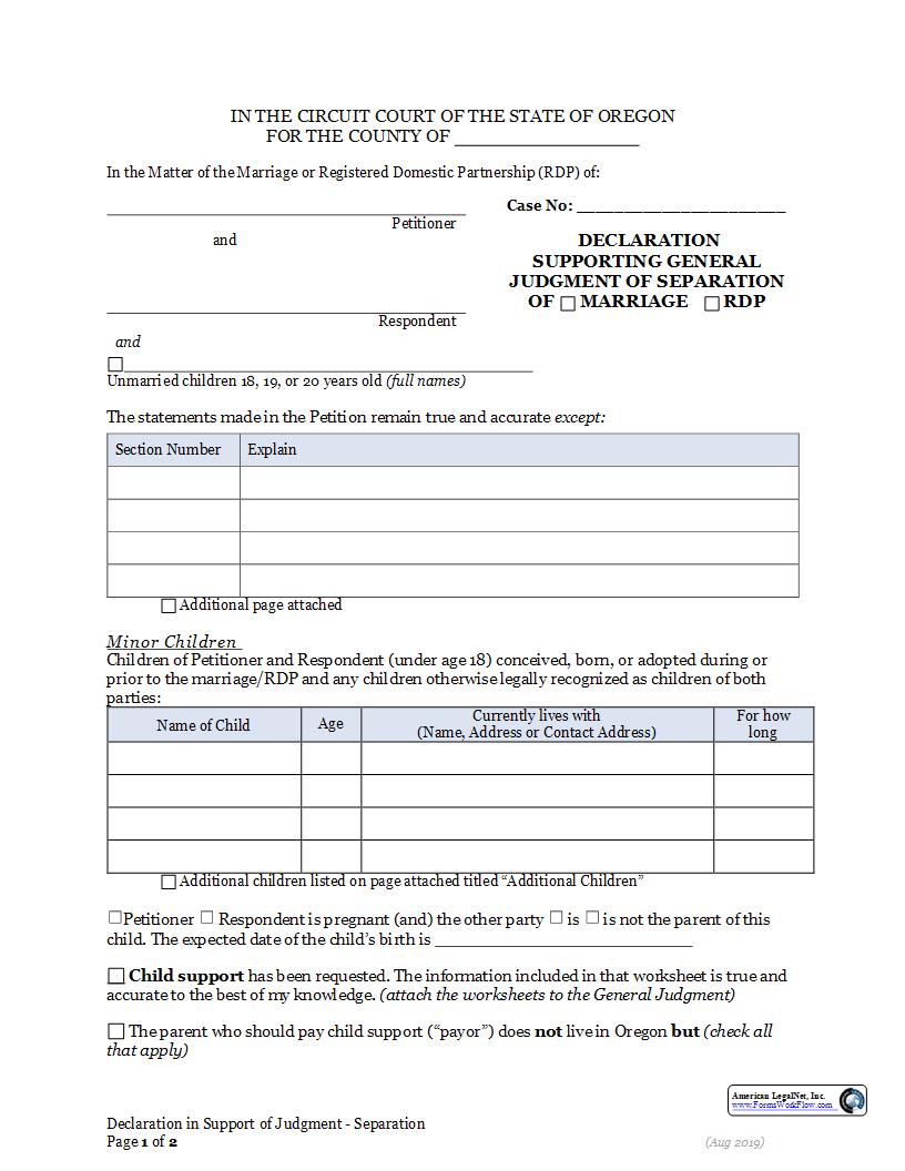 Declaration Supporting General Judgment Of Separation Of Marriage-RDP (With Children) | Pdf Fpdf Docx | Oregon