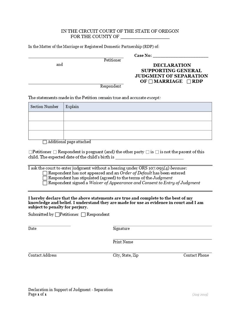 Declaration Supporting General Judgment Of Separation Of Marriage-RDP (Without Children) | Pdf Fpdf Docx | Oregon