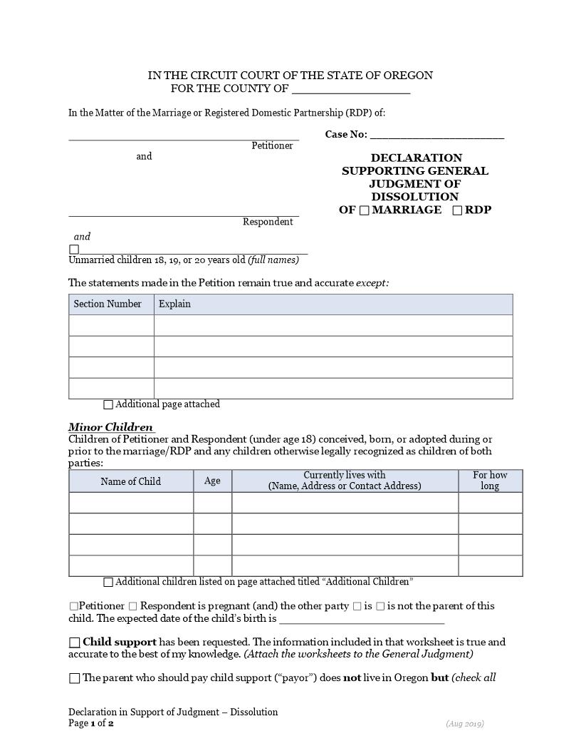 Declaration Supporting General Judgment With Children | Pdf Fpdf Docx | Oregon