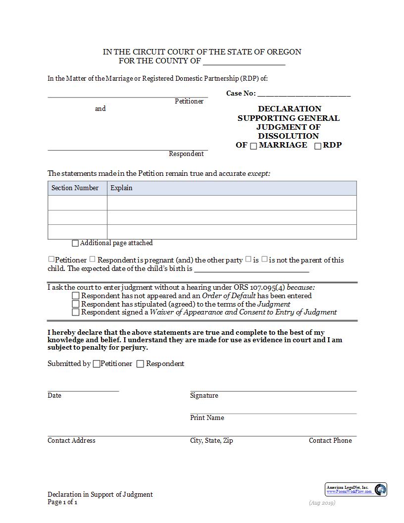 Declaration Supporting Judgment Of Dissolution Of Marriage Without Children | Pdf Fpdf Docx | Oregon