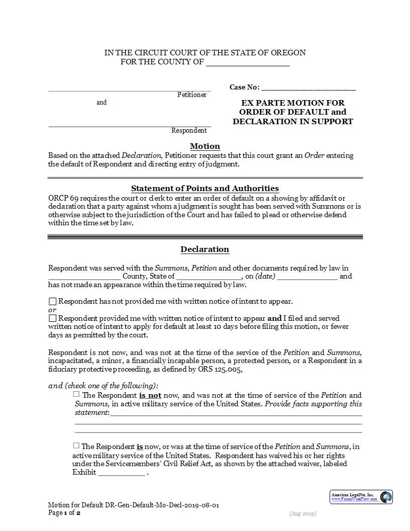 Ex Parte Motion For Order Of Default And Declaration In Support | Pdf Fpdf Docx | Oregon