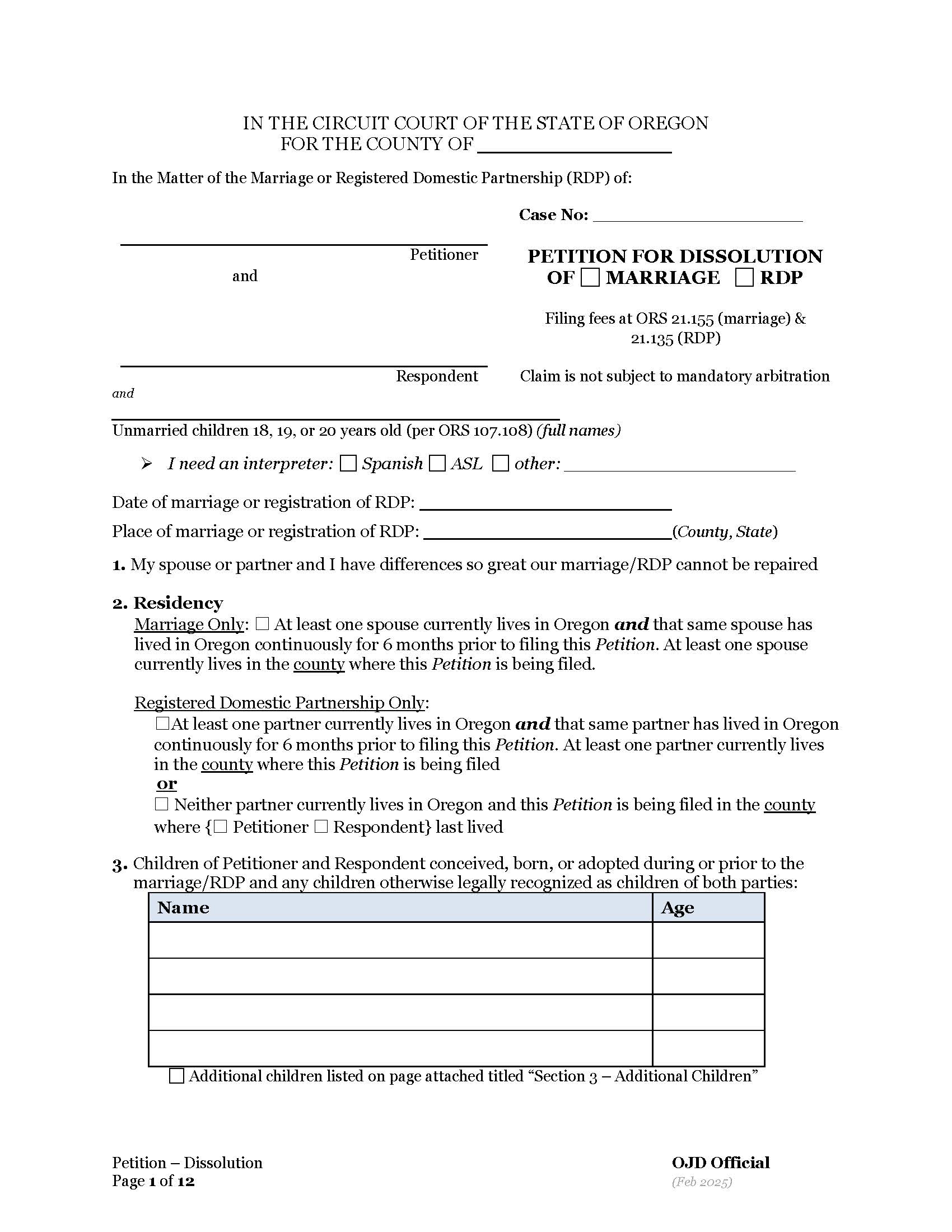 Petition For Dissolution Of Marriage Or RDP With Children | Pdf Fpdf Docx | Oregon