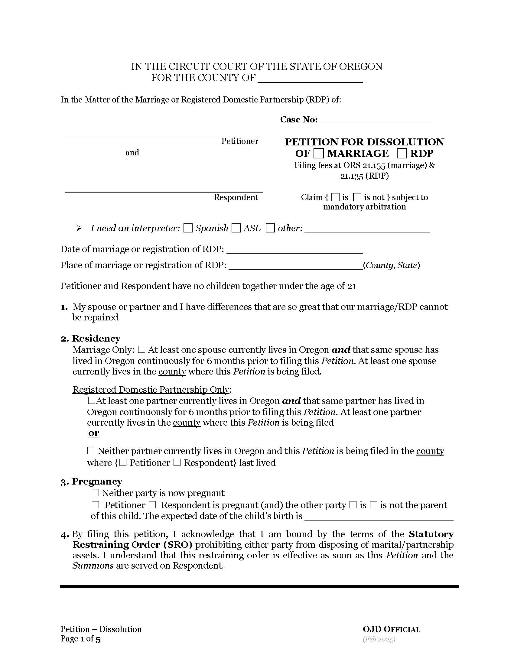 Petition For Dissolution Of Marriage Or RDP Without Children | Pdf Fpdf Docx | Oregon