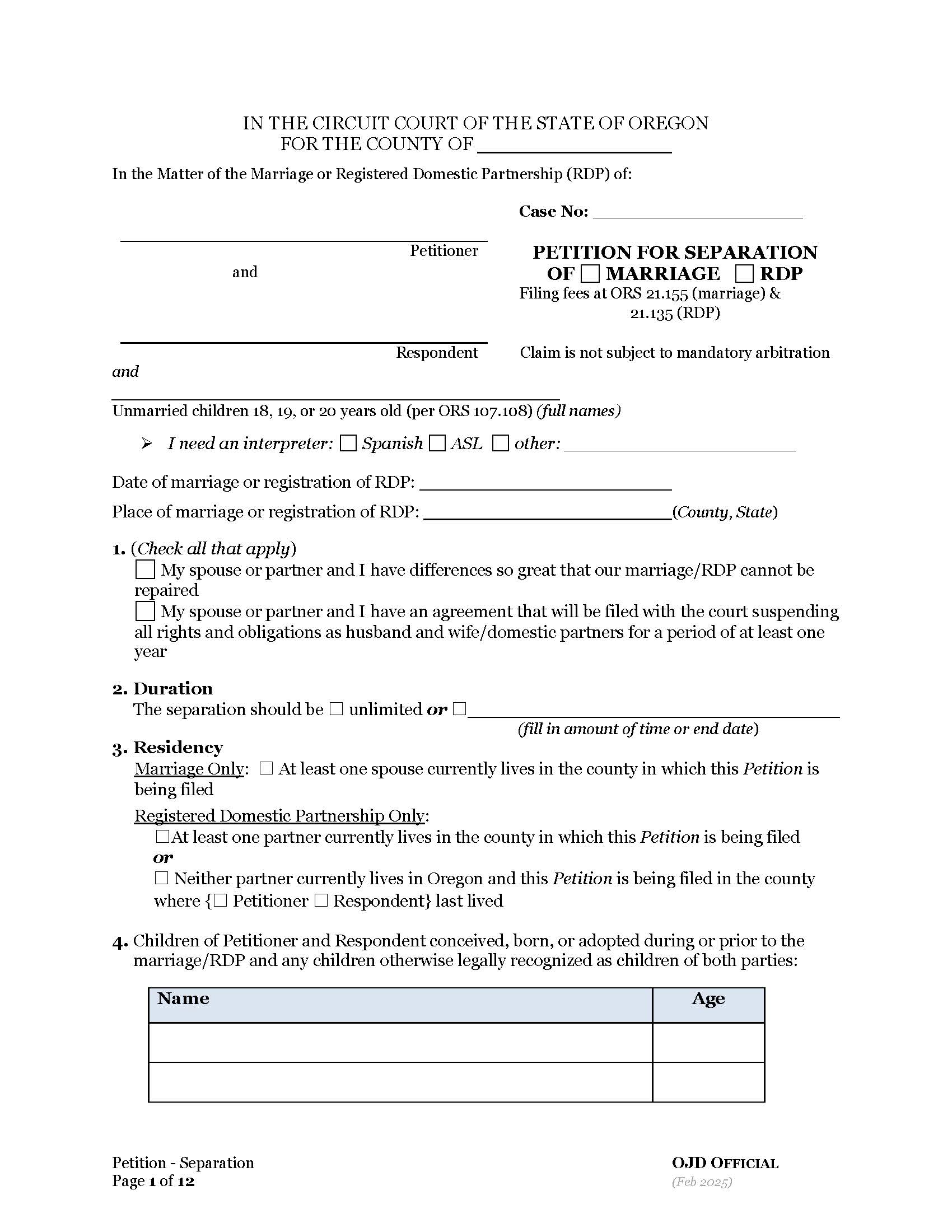 Petition For Separation Of Marriage-RDP (With Children) | Pdf Fpdf Docx | Oregon