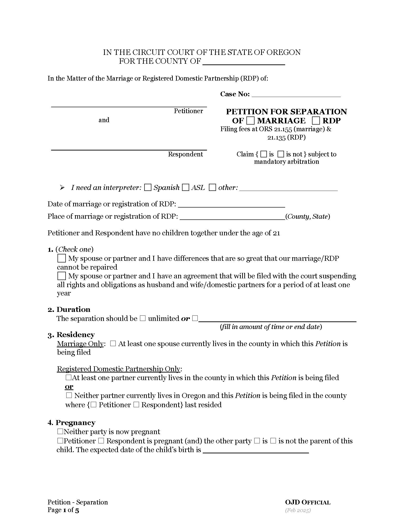 Petition For Separation Of Marriage-RDP (Without Children) | Pdf Fpdf Docx | Oregon
