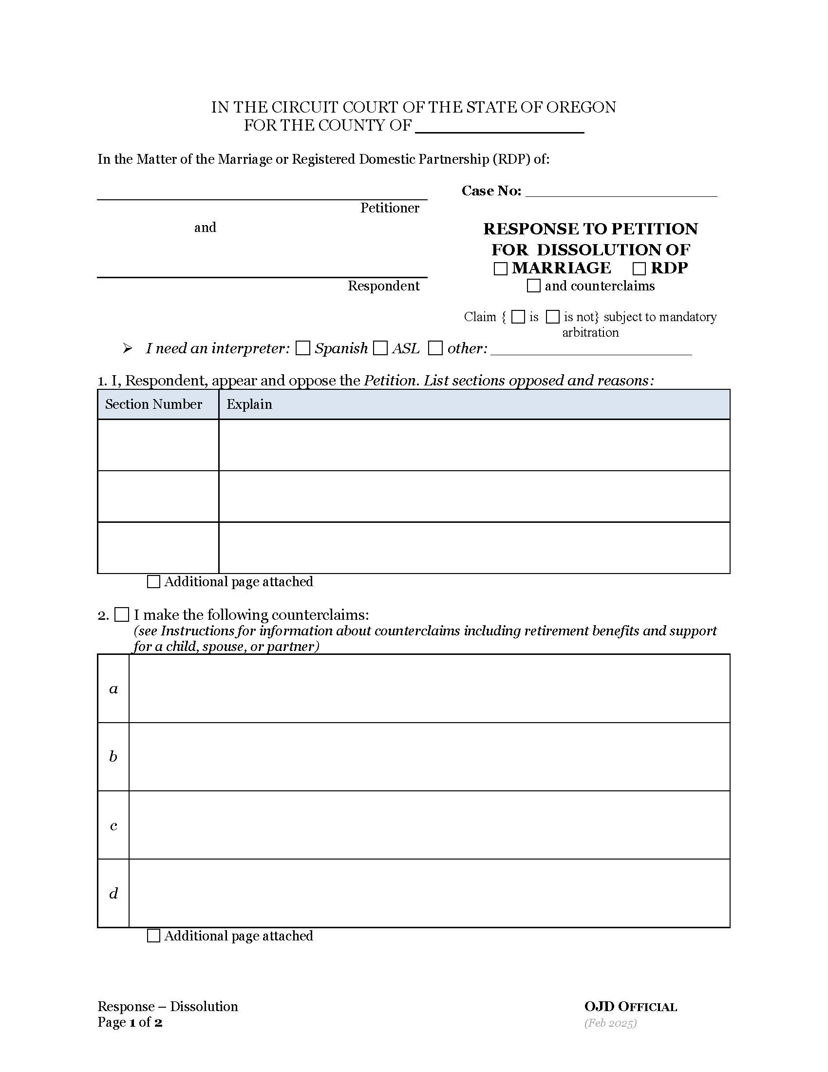 Response To Dissolution Of Marriage-RDP (Without Children) (And Counterclaims) | Pdf Fpdf Docx | Oregon
