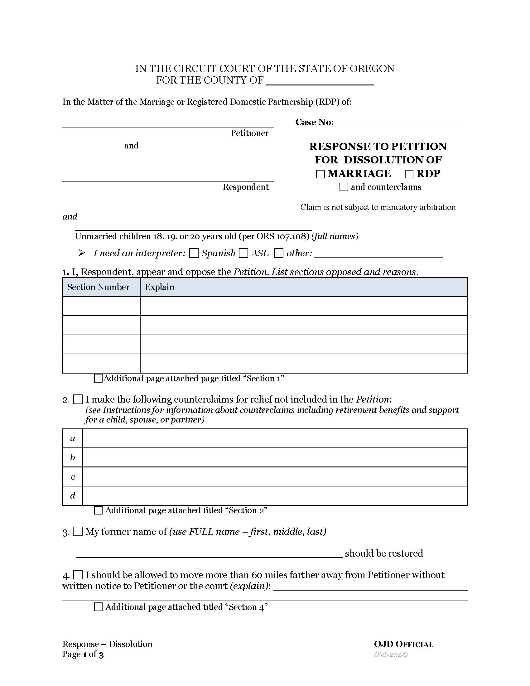 Response To Petition For Dissolution With Children | Pdf Fpdf Docx | Oregon