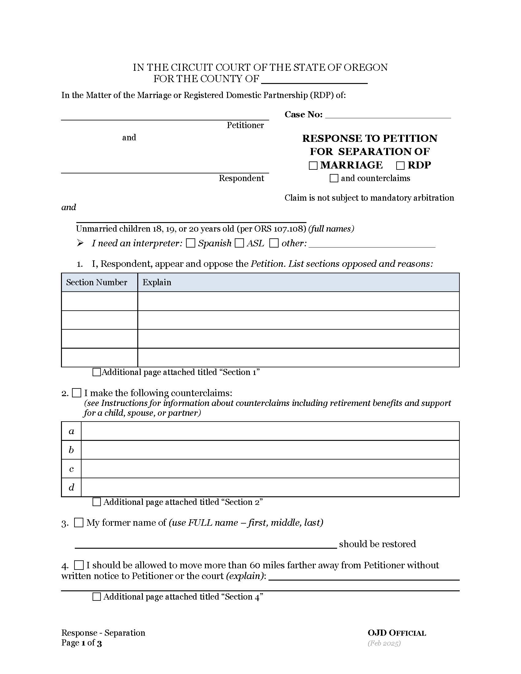 Response To Petition For Separation Of Marriage Or RDP With Children | Pdf Fpdf Docx | Oregon