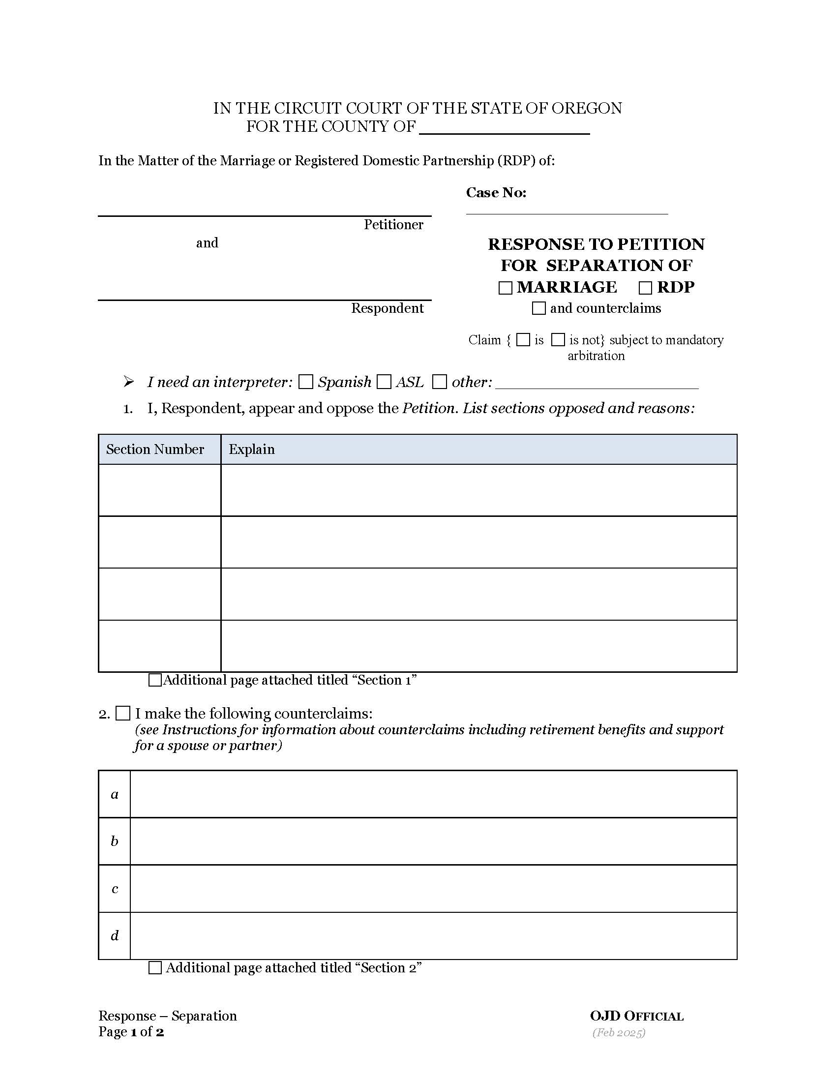 Response To Petition For Separation Of Marriage Or RDP Without Children | Pdf Fpdf Docx | Oregon