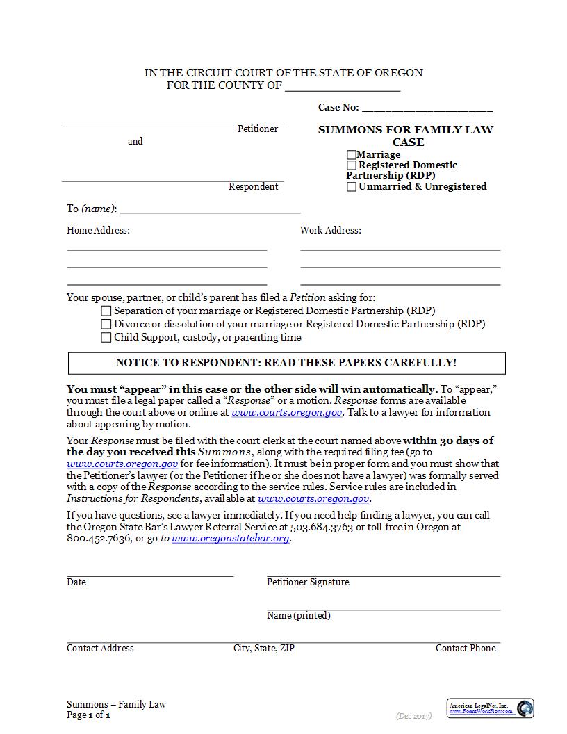 Summons For Family Law Case | Pdf Fpdf Docx | Oregon