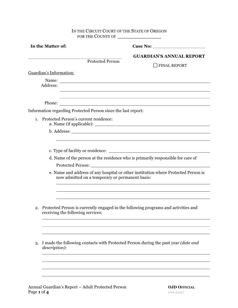Annual Guardian Report-Adult | Pdf Fpdf Docx | Oregon