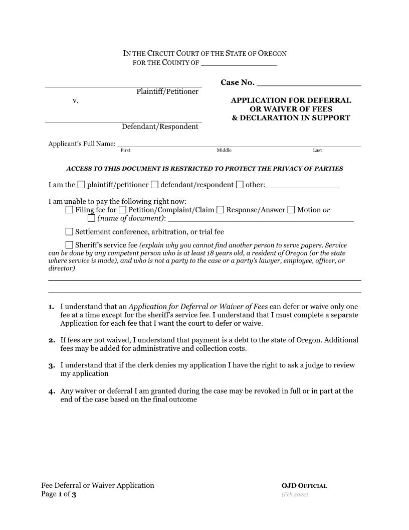 Application For Deferral Or Waiver Of Fees | Pdf Fpdf Docx | Oregon