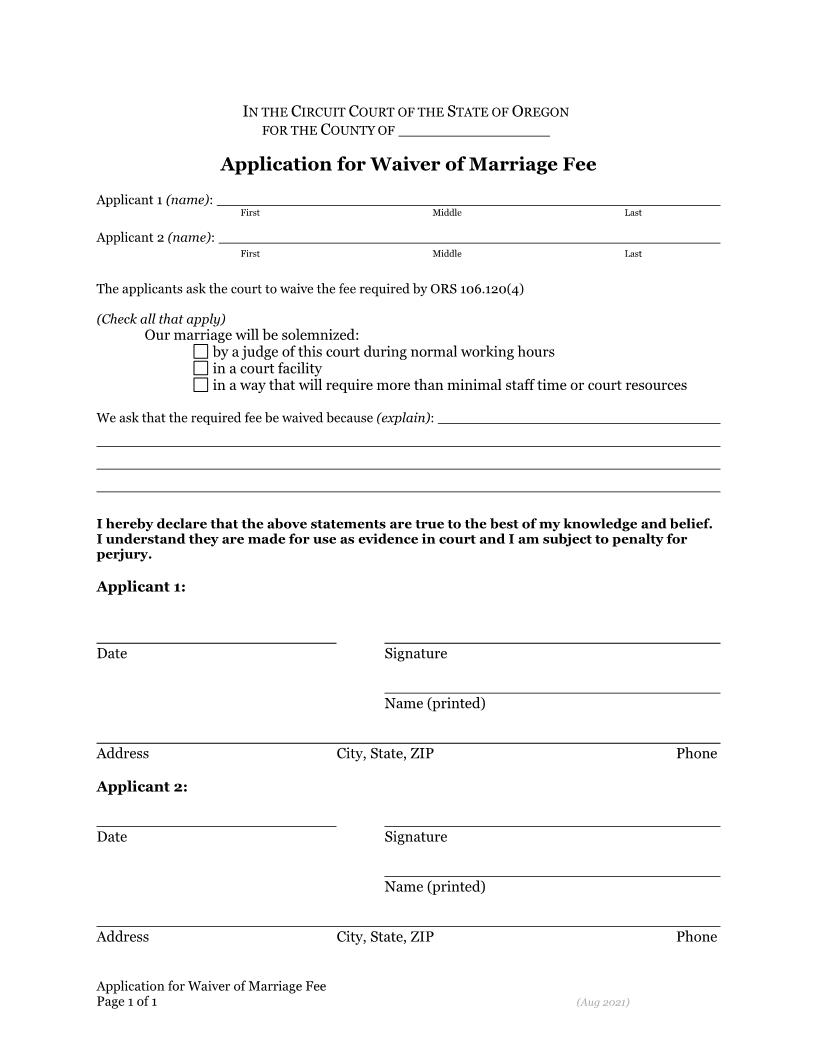 Application For Waiver Of Marriage Fee | Pdf Fpdf Docx | Oregon