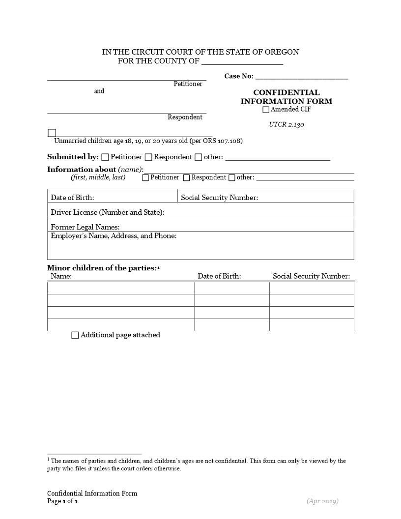 Confidential Information Form | Pdf Fpdf Docx | Oregon
