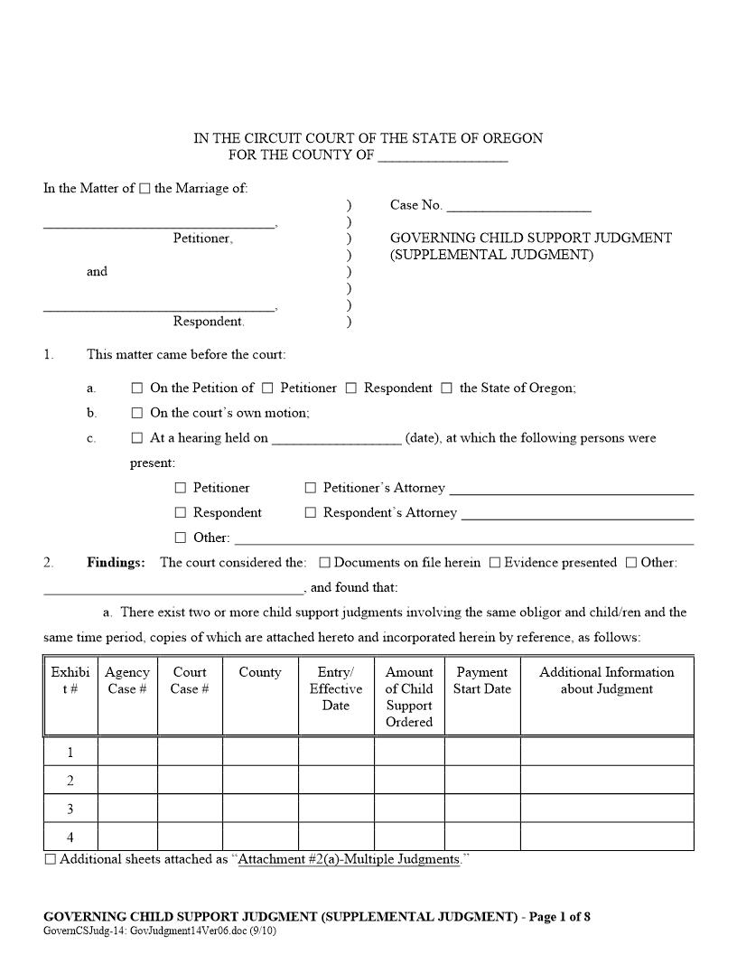 Governing Child Support Judgment (Supplemental) | Pdf Fpdf Docx | Oregon