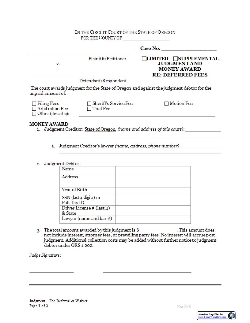 Judgment And Money Award Re Deferred Fees | Pdf Fpdf Docx | Oregon