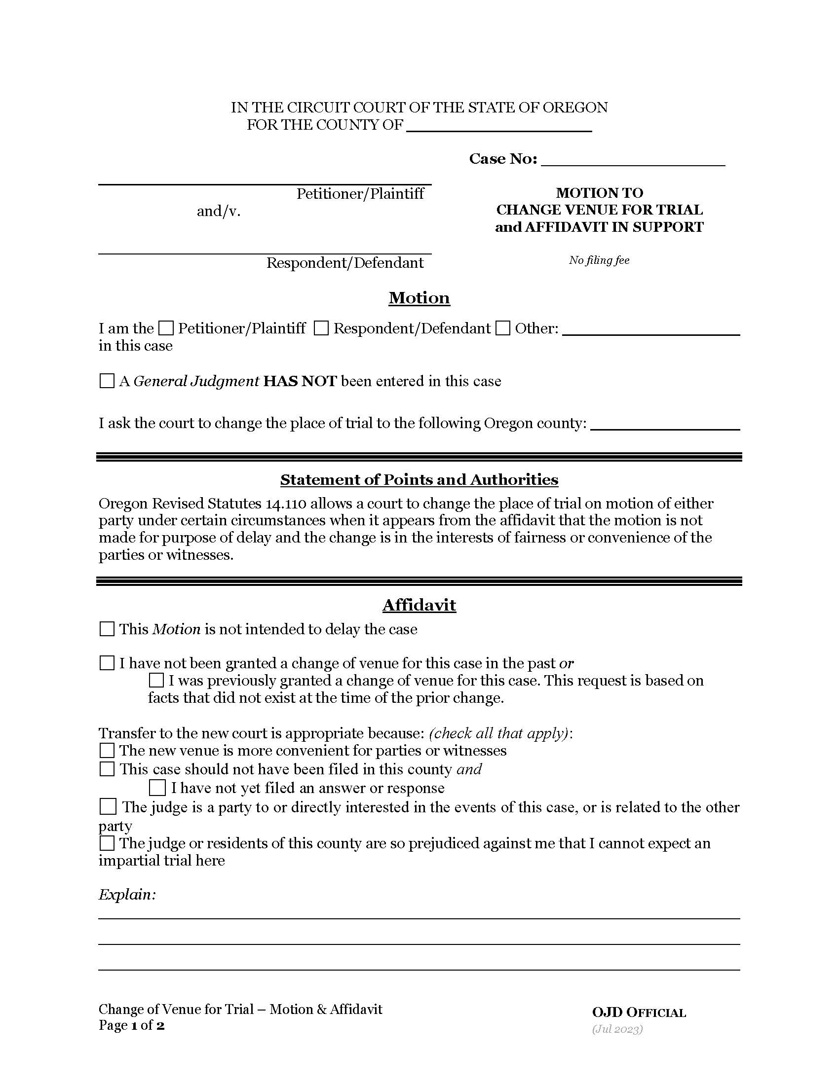 Motion To Change Venue And Affidavit In Support | Pdf Fpdf Docx | Oregon