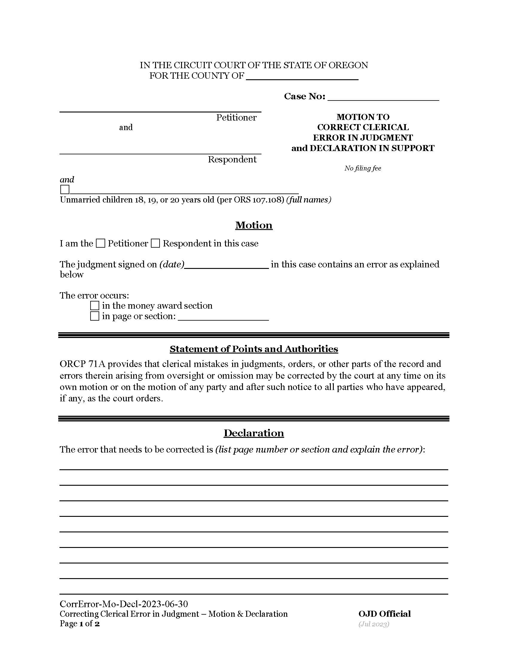 Motion To Correct Clerical Error in Judgment | Pdf Fpdf Docx | Oregon
