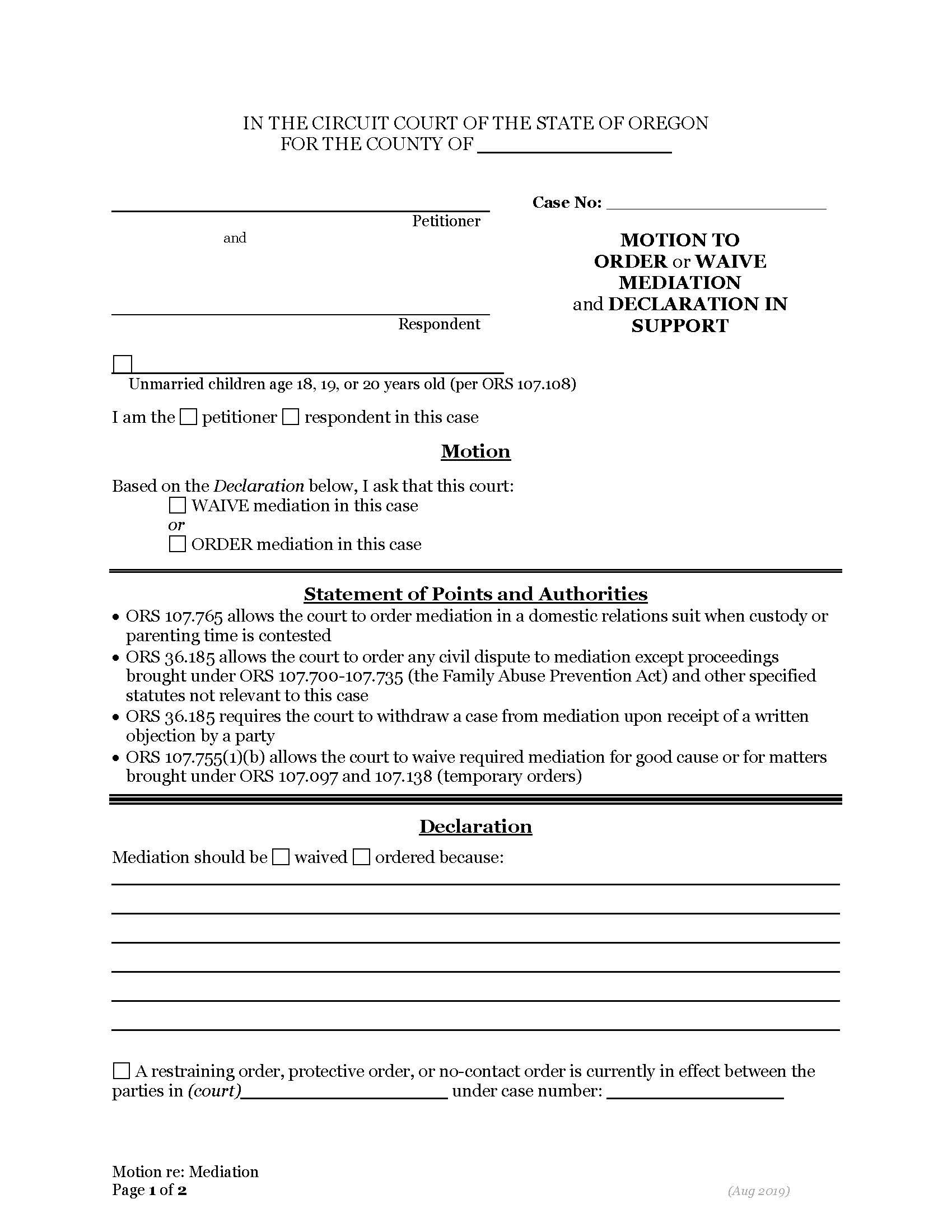 Motion To Order Or Waive Mediation And Declaration | Pdf Fpdf Docx | Oregon