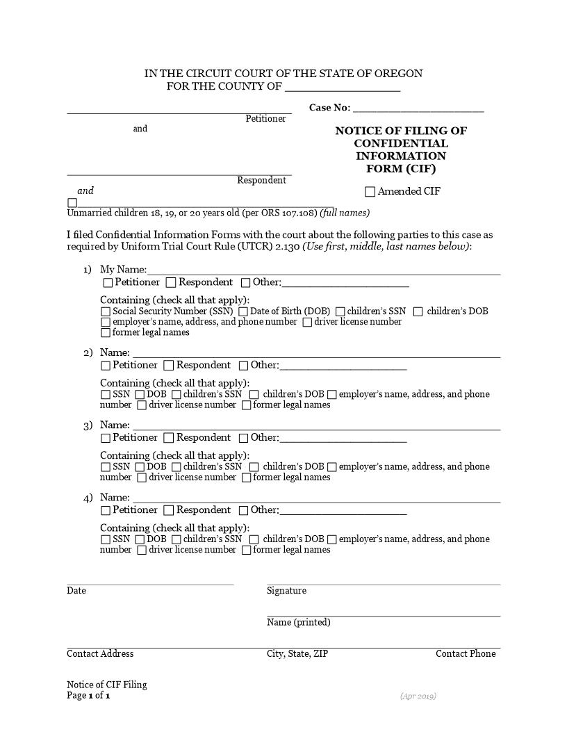 Notice Of Filing Of CIF Form (2.130.2) | Pdf Fpdf Docx | Oregon