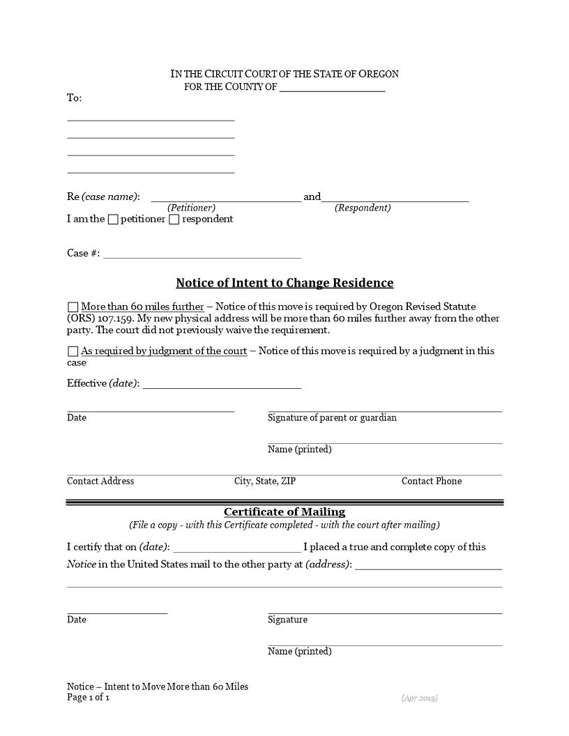 Notice Of Intent To Change Residence | Pdf Fpdf Docx | Oregon