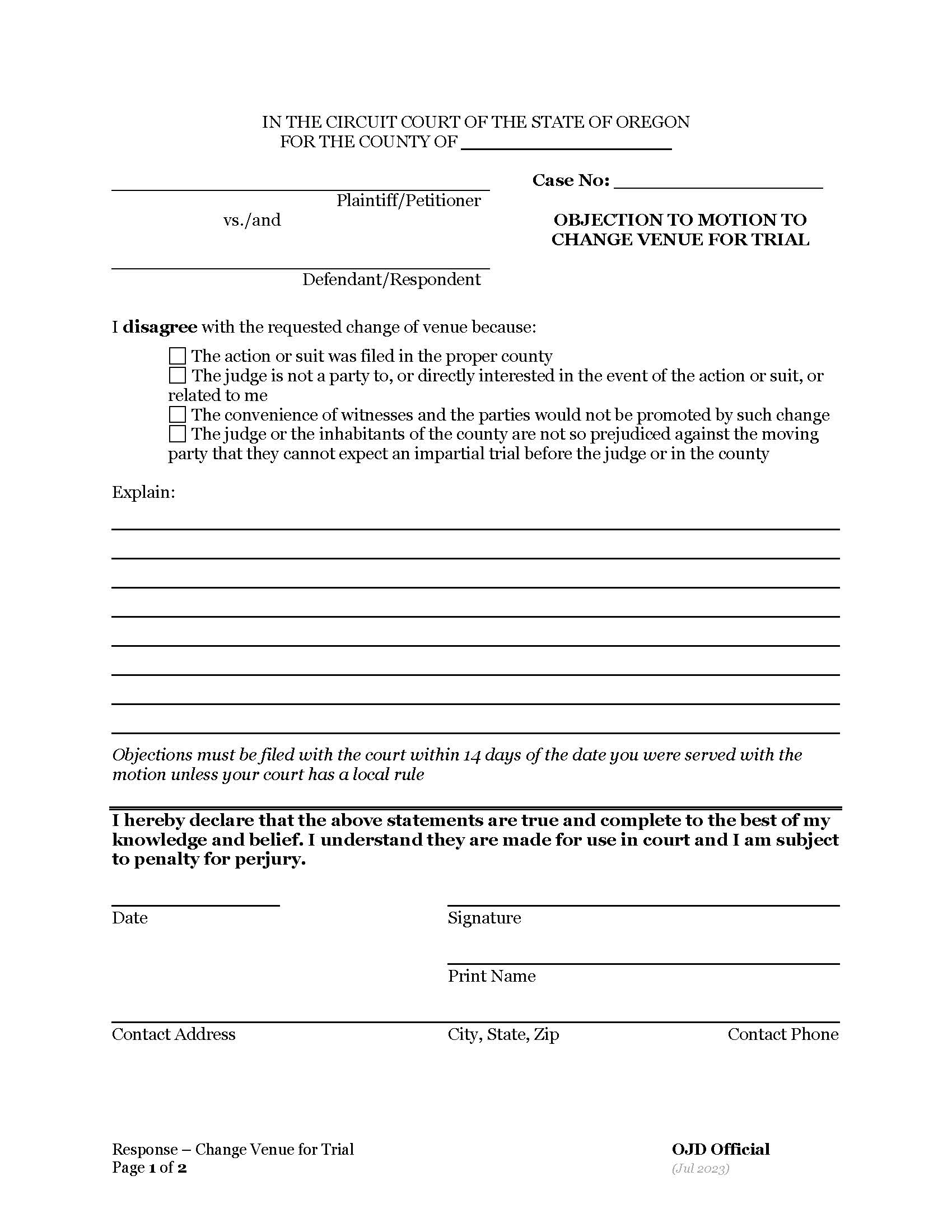 Objection To Motion To Change Venue | Pdf Fpdf Docx | Oregon