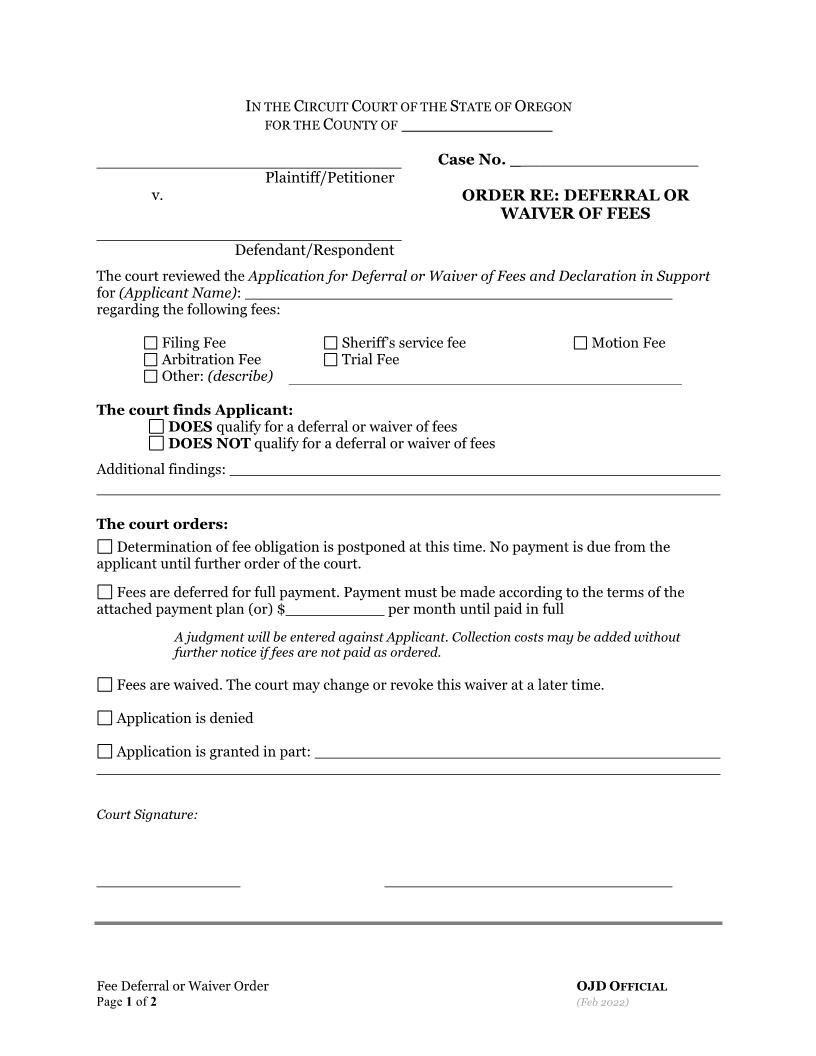 Order Re Deferral Or Waiver Of Fees | Pdf Fpdf Docx | Oregon