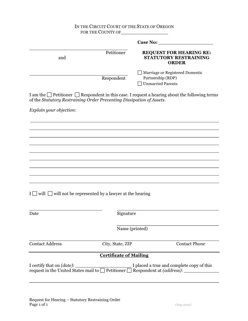Request For Hearing - Statutory Restraining Order | Pdf Fpdf Docx | Oregon