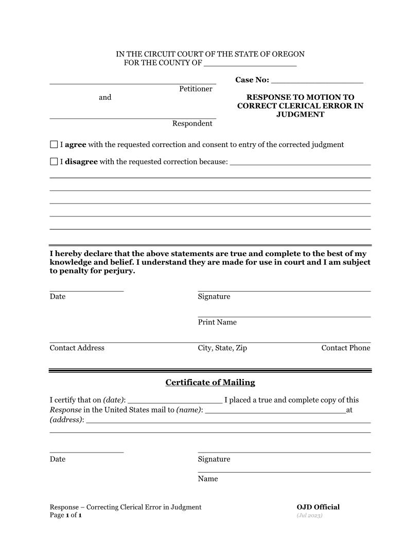 Response To Motion To Correct Clerical Error In Judgment | Pdf Fpdf Docx | Oregon