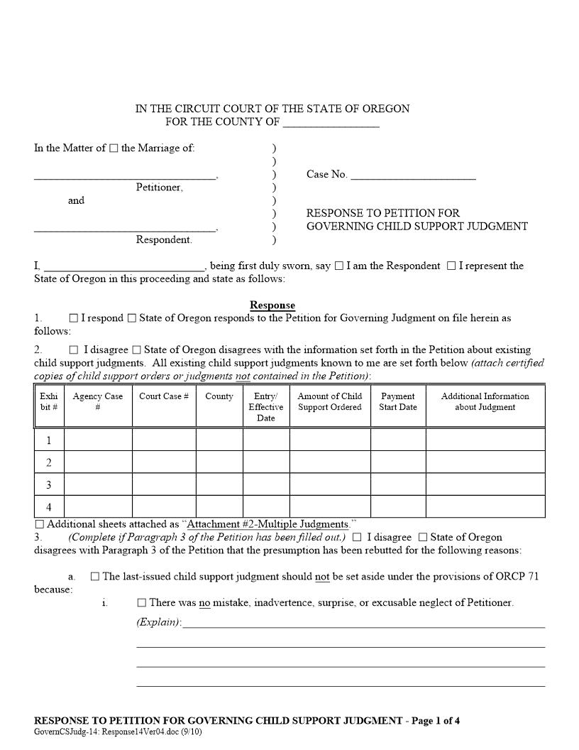 Response To Petition For Governing Child Support Judgment | Pdf Fpdf Docx | Oregon