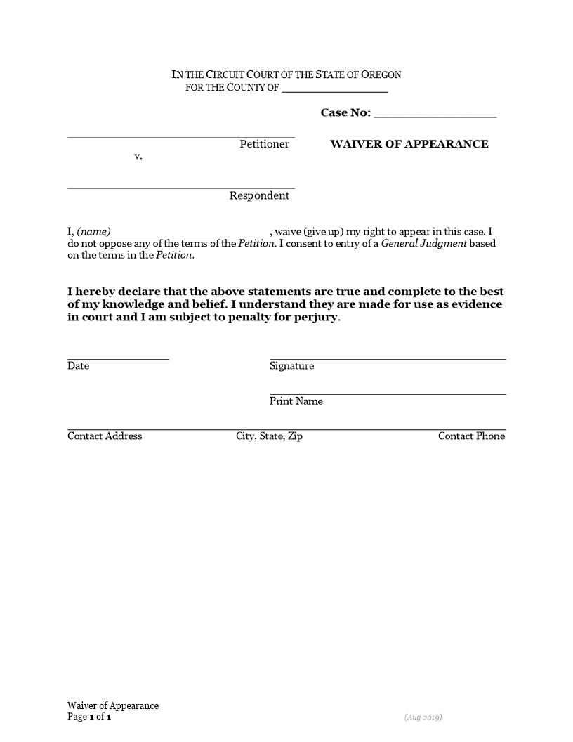 Waiver Of Appearance | Pdf Fpdf Docx | Oregon