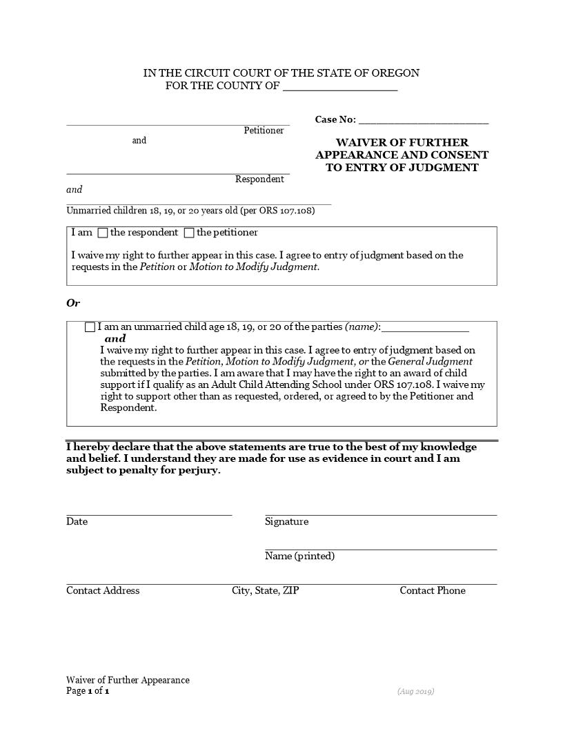 Waiver Of Further Appearance | Pdf Fpdf Docx | Oregon