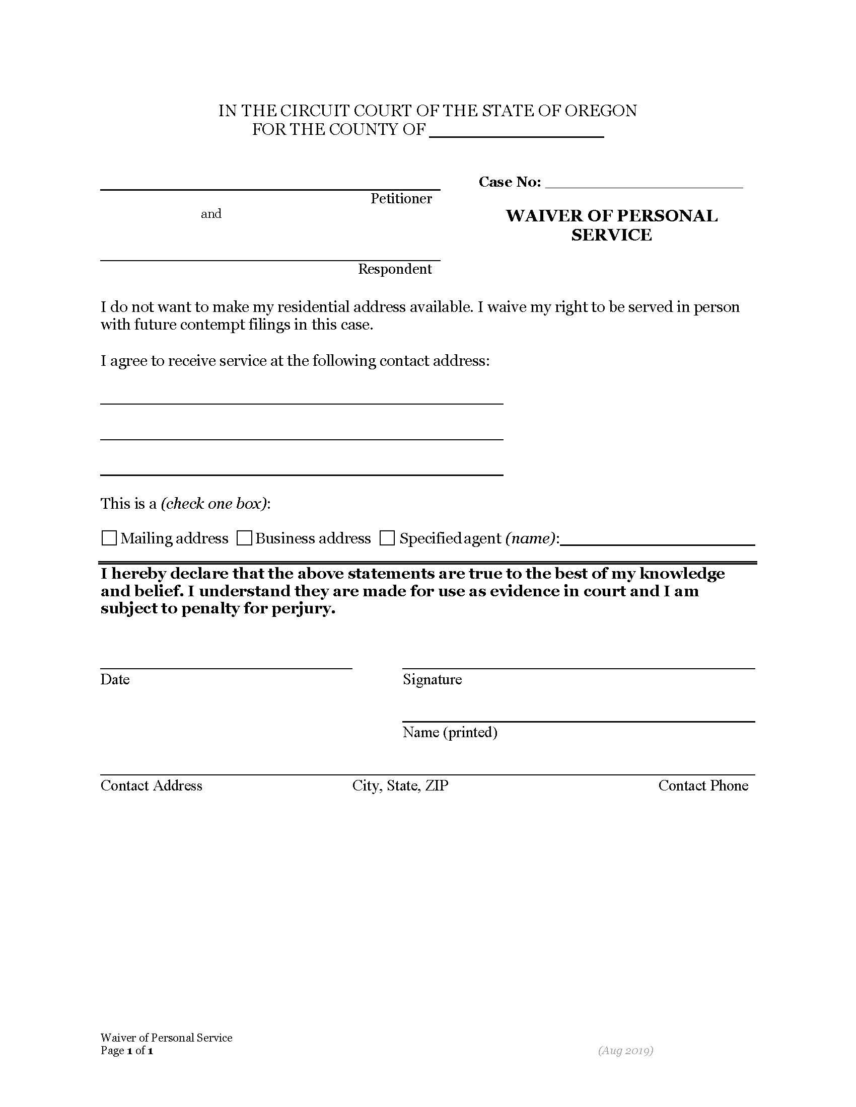Waiver Of Personal Service | Pdf Fpdf Docx | Oregon