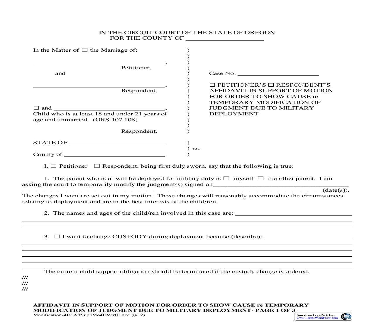 Affidavit - Motion Re Temporary Modification Of Judgment (Military Deployment) (4D) | Pdf Fpdf Doc Docx | Oregon