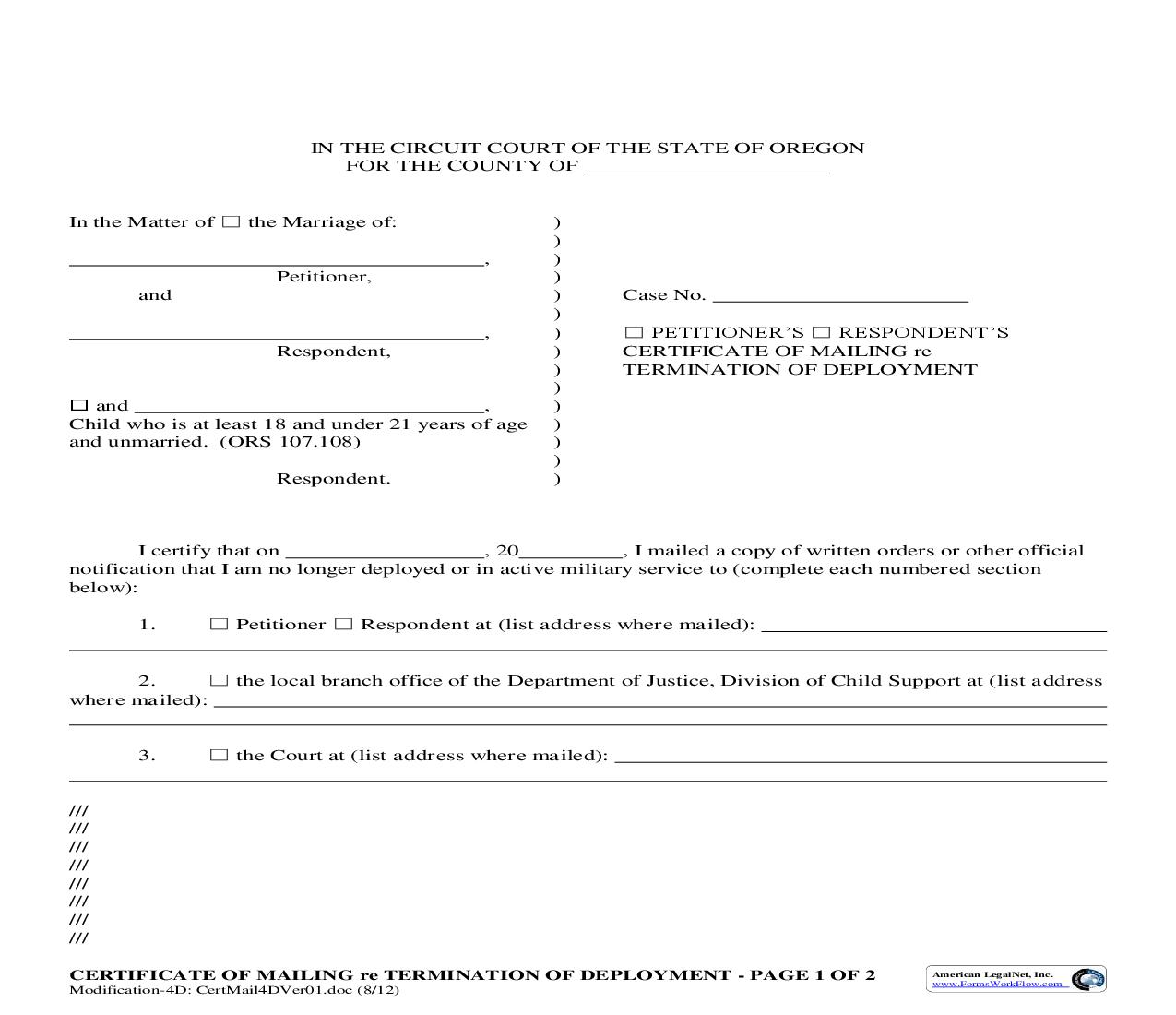 Certificate Of Mailing Re Termination Of Deployment (4D) | Pdf Fpdf Doc Docx | Oregon