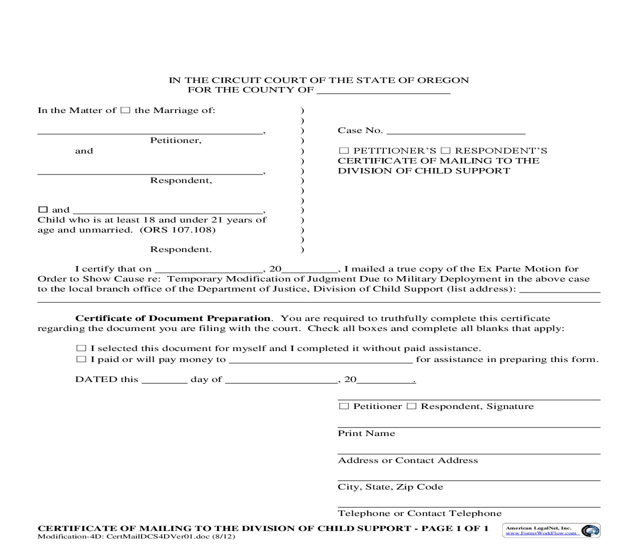 Certificate Of Mailing To DCS (Military Deployment) (4D) | Pdf Fpdf Doc Docx | Oregon