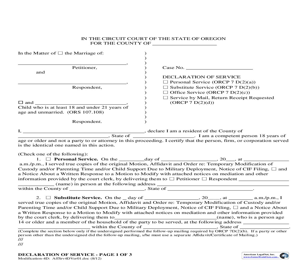 Declaration Of Service (Military Deployment) (4D) | Pdf Fpdf Doc Docx | Oregon