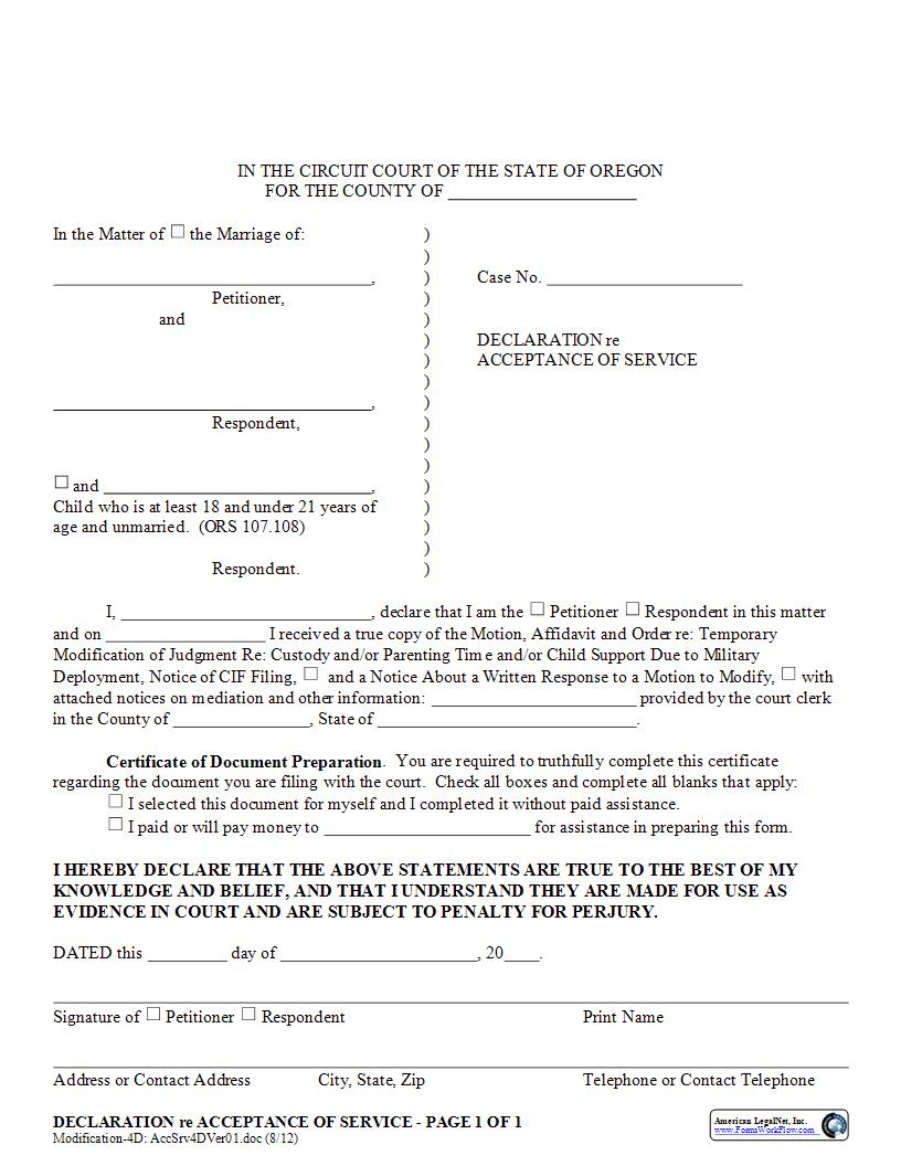 Declaration Re Acceptance Of Service | Pdf Fpdf Docx | Oregon