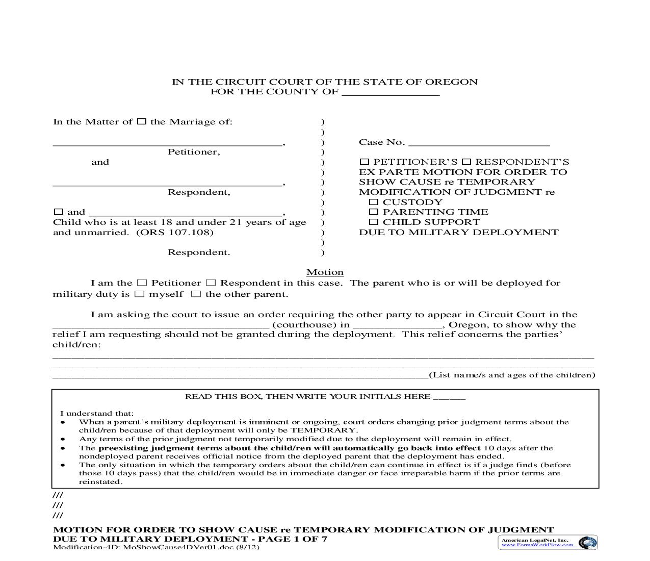 Ex Parte Motion For OSC Re Temporary Modification of Judgment (Military Deployment) (4D) | Pdf Fpdf Doc Docx | Oregon
