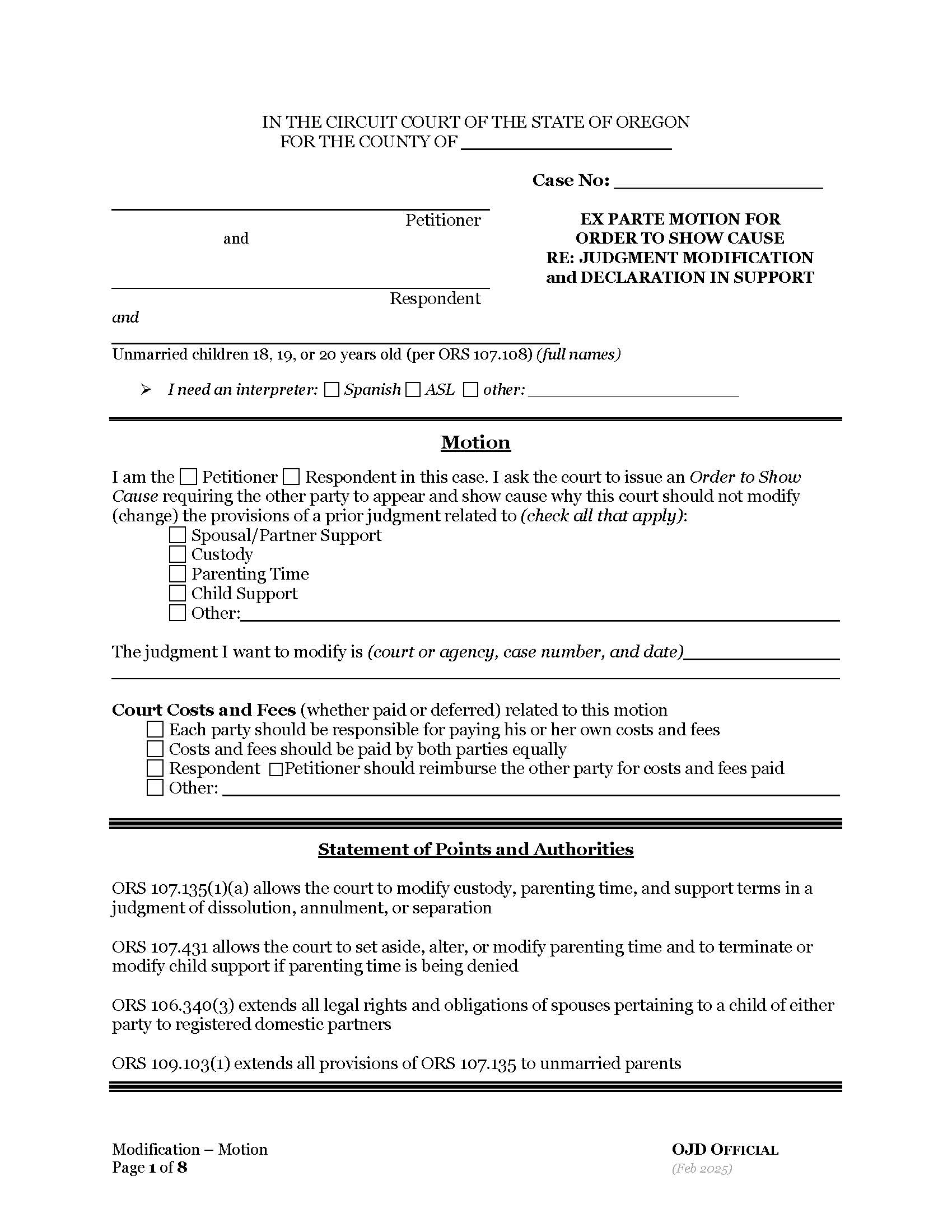 Ex Parte Motion For Order To Show Cause Re Modification Of Judgment | Pdf Fpdf Docx | Oregon