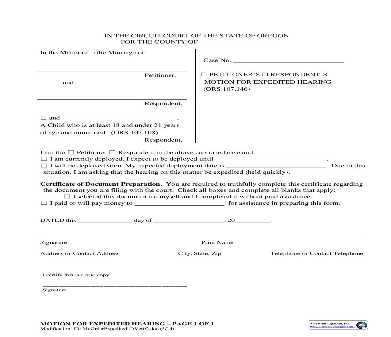 Motion And Order For Expedited Hearing (Military Deployment) (4D) | Pdf Fpdf Doc Docx | Oregon