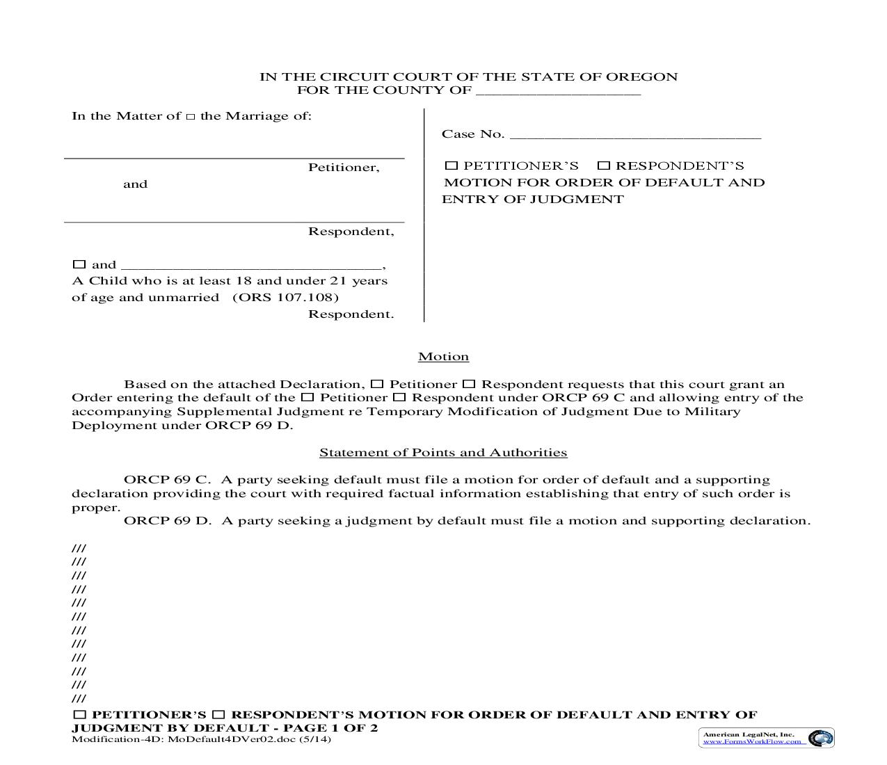 Motion For Order Of Default And Entry Of Judgment (Military Deployment) (4D) | Pdf Fpdf Doc Docx | Oregon