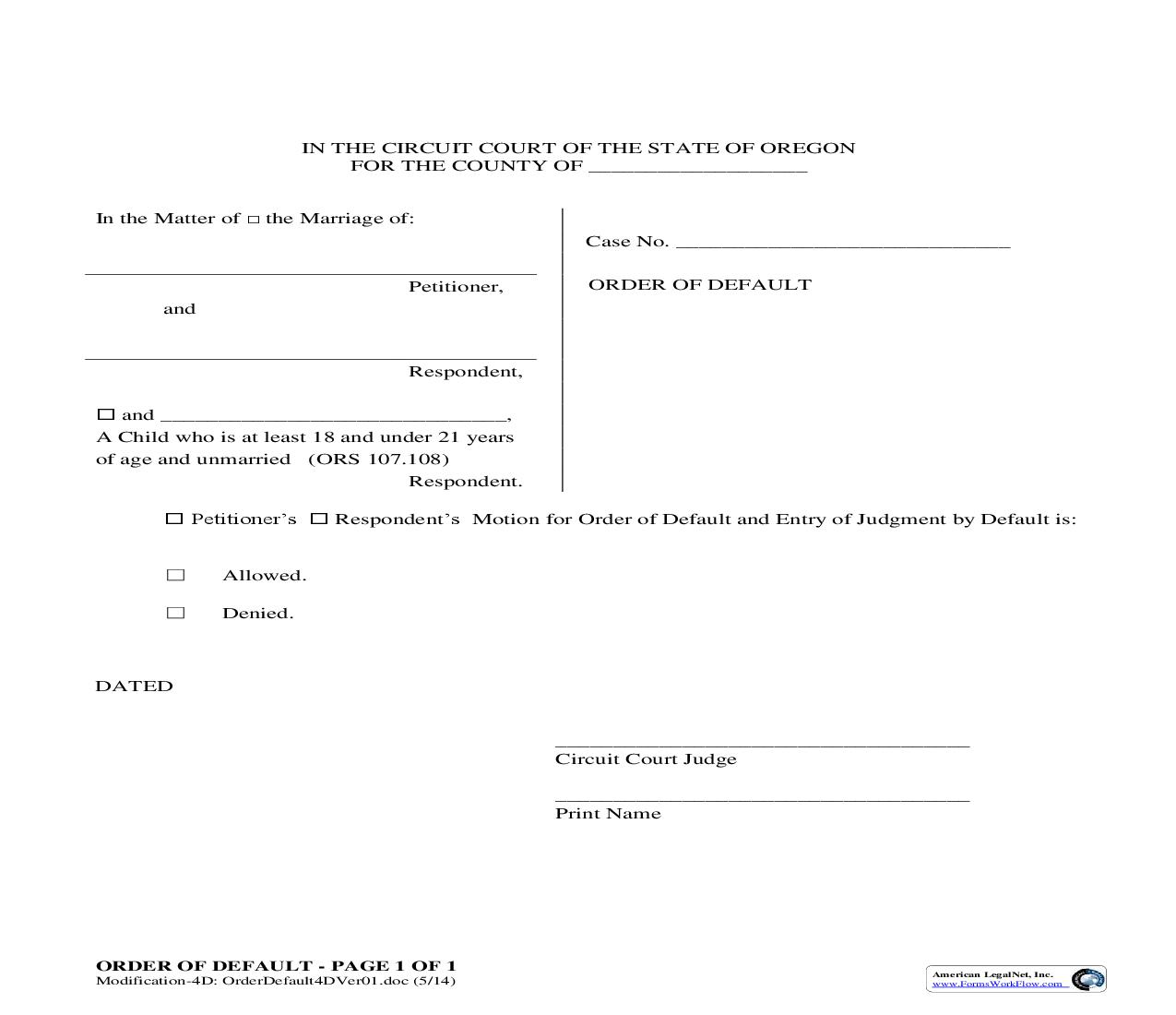 Order Of Default (Military Deployment 4D) | Pdf Fpdf Doc Docx | Oregon