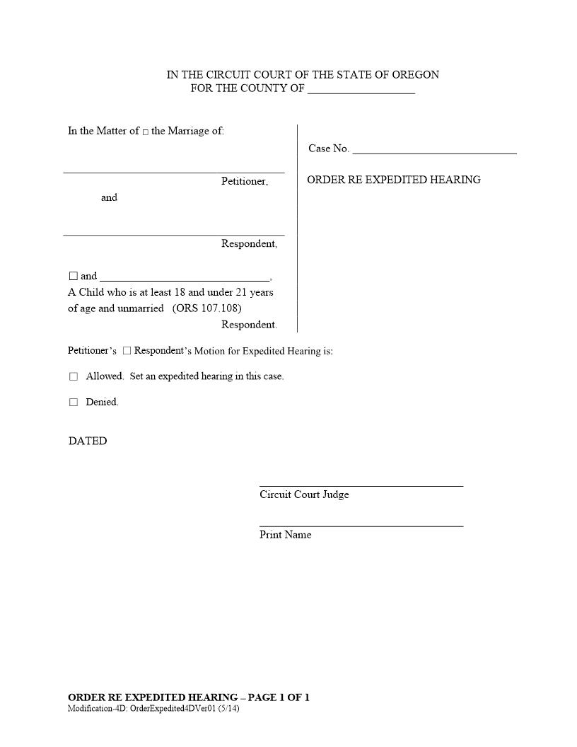 Order Regarding Expedited Hearing | Pdf Fpdf Docx | Oregon